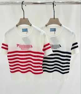 24 Women's T-shirt Letter Flower Stripe Knitted Top Short Sleeves Simple Retro 410