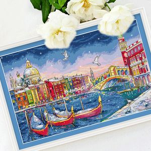DIY Cross Stitch Kit, Printed European Landscape Painting Kit, Venice Night, Water City and boats, Modern Home Wall Decoration