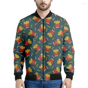 Men's Jackets Cartoon French Fries Pattern Print Bomber Jacket 3d Long Sleeve Sweatshirt Oversize Street Zipper Coat