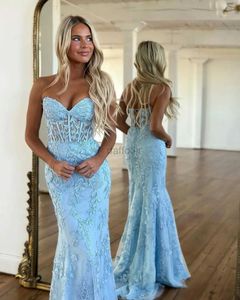Urban Sexy Dresses Blue Evening Dresses 2023 Long Lace Appliques Crystal Mermaid Sweetheart Sweep Train Corset Back Sleeveless Prom Gowns Women 240410