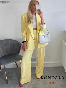 Ternos femininos Blazers Kondala Office Lady Lady Linha de linho de algodão amarelo sólido Blazers V bolsos de pescoço soltos de jaquetas longas moda 2022 elegante feminino blazer c240410