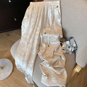 New Chinese Style Satin Jacquard Elastic Waist Casual Pants for Women in Spring High Waisted and Draped Straight Leg Wide