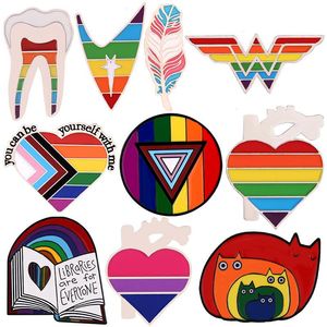 LGBT Pride Enamel Pins Custom Rainbow Book Cats Feather Tooth Heart Shape Brooches Lapel Badges Jewelry Gift for Partner Lover 11 colors