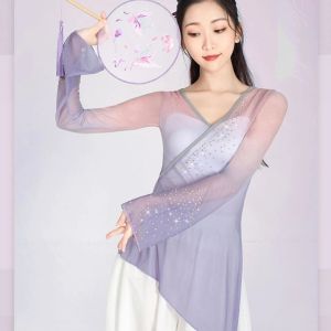 Klassiska nationella kostymer kläder Hanfu Practice Clothes Elegant Gaze Modern Dance Top Blouse V Neck Long Sleeve Dance Shirt