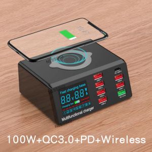 Chargers 100W PD QC 3.0 Quick Charger Stand Multi USB HUB LED Display Charging Dock Station Fast Wireless Charger Pad for iPhone Samsung