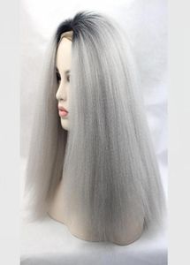 Ombre siyah t gri sentetik peruk düz sapık düz orta kısım siyah kadın039s peruk uzun sentetik saç22322708004830