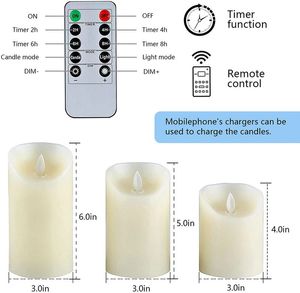 Celas de parafina recarregáveis de parafina USB Velas de cera de cera Candle Remote Remote W/Timer Moving Dancing Wick Home par