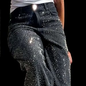 Frauen schwarze neue Wäsche Rhineston Design Baggy Hosen hohe Taille Weitbeinlöschte Heiße Y2K -Stil Frauen Jeans Frühling 2024