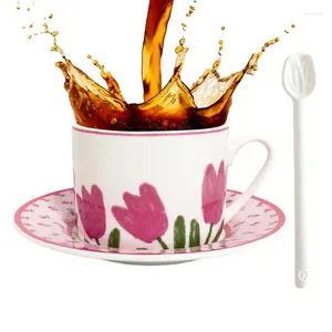 Xícaras de pires de chá e caneca de cerâmica copo de água de tulipa de tulipa de porcelana define café com pires de leite