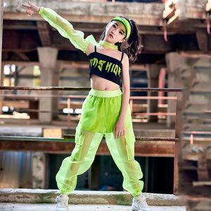 Hip Hop Kids Cloths Girls Jazz Street Dance Costume Green Single Sebody Crops Tops Mesh Pants Kids Performance Outfit BL8222