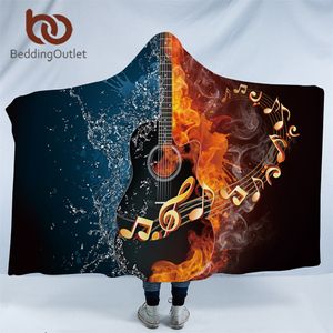 Beddingoutlet Fire e água coberto com capuz 3d guitarra sherpa lã de lã vestível cobertor adulto instrumento musical tiro cobertor