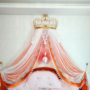 Crown Bed Curtain French Romantic Mosquito Net for Bed Bedside Curtain Embroidery Double Fur Ball Lace Retro Decorative Yarn