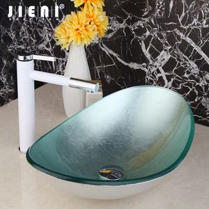 JEINI Bathroom Glass Washbasin Handpainting Bowl Sink Lavatory Basin Combine Brass White Painting Swivel Spout Faucet Mixer Tap