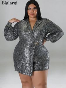 Plus Size Autumn Sequin Short Jumpsuit Women Blazer Suit Long Sleeve Ladies Jumpsuits BodyCon Fashion Bling Woman PlaySuits 240410