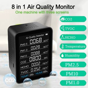 8 I 1 Smart Air Quality Monitor PM2.5 PM1.0 PM10 HCHO TVOC CO2 Temperaturfuktighet Detektor En maskin Tre skärmar Detektor