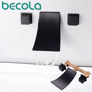 Becola havzası seti 3 delikli şelale siyah pirinç çift çapraz tutamak duvara monte banyo lavabo musluk sıcak soğuk musluk duvar içi