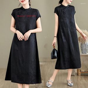 Etnik Giyim 2024 Çin Vintage Elbise Retro Satin Jacquard Geleneksel Geliştirilmiş A-Line Qipao Oriental Ziyafet Akşam Vestido