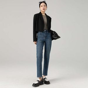 Jeans de ponta Spring e outono Novo cintura alta elástica de calças de colheita reta e reta