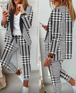 Women's Suits Blazers Two Piece Sets Women Outfits Fashion Long Sleeve Houndstooth Print Elegant Blazer Coat Drstring Work Pants Set 2023 Autumn C240410