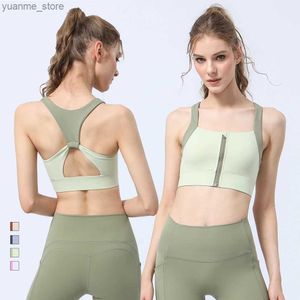 Yoga Outfits Women Sport Bra Contrasting Colors Front Zipper Yoga Fitness Bra Top Cross Back High Support Running Training Top Y240410