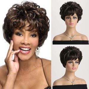 Wig Temu Women Fashion Puszysty ukośny bang czarny brązowy kolor Krótki kręcone włosy