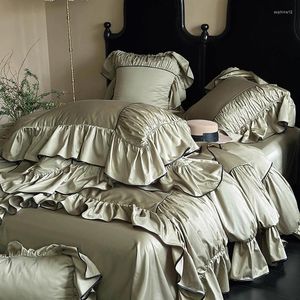 Bedding Sets Vintage French Style Olive Green Princess Pleat Lace Ruffles Set 1200TC Egyptian Cotton Duvet Cover Bed Sheet Pillowcase
