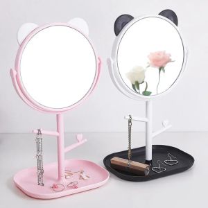 Ny 2024 Söt kattöronsmakeup spegel med smycken rackhållare 360 ​​° rotationsbord bänkskivbas användning för badrumsskrivbord kosmetiska speglar1.