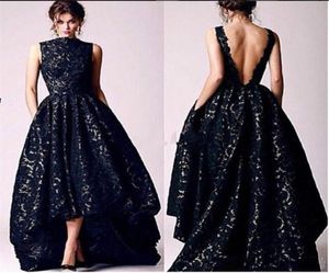 Sexy V Backless High Low A Line Prom Dresses with Pockets Sleeveless Evening Gowns Lace Black Dress Party4635937