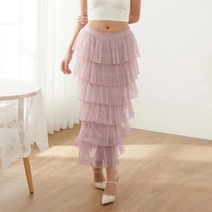 Skirts Women's Flowy Layered Cake Skirt For Spring Summer Elegant Elastic Waist A-Line Midi Tulle Tutu Solid Color Tiered