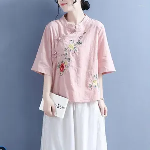 女性用ブラウス2024春の夏のスタイル大規模コットンリネンシャツ女性刺繍ブラウス中国語スタンドカラートップ4xl