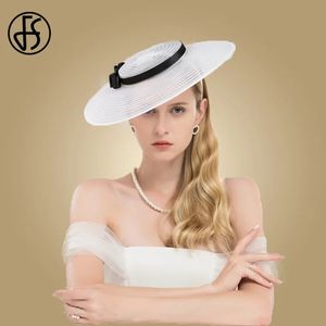 FS Kyrkans hattar breda brimfascinatorer för kvinnor Elegant White Kentucky Lady Bow Wedding Party Dress Fedoras 240410