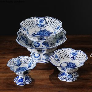 Blue and White Ceramic Plate Tall Feet Fruit Plate Bowl Refreshment Tray Hollow Snack Tray Decorative Plates Dish Home Tableware