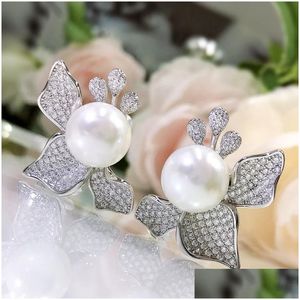 Flower Flower Pearl Diamond kolczyki 100% prawdziwe szterling Sier Obiecing Kolczyki dla kobiet Party Bridal Biżuteria Prezent Prezent Dhp43