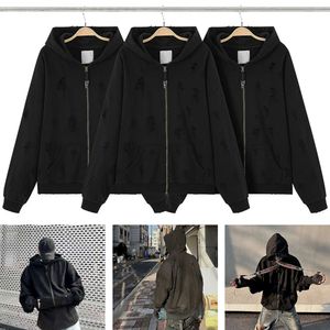 Autumn/winter New Product Washed Old Knife Cut Damaged Trendy Brand Zipper Hoodie