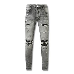 AM-jeans herrar designer nödställd cyklist mager hiphop smal fit västkustbyxor droppbyxor borr jeans rippade