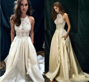 Taffeta Boho Beach Wedding Dresses Custom Make Design Jewel A-line Wedding Dress 2020 Lace Appliques Hod Bridal Gowns