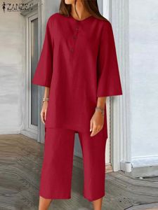 Mode 2st Pant sätter kvinnor 34 Sleeve Tracksuit Zanzea Casual Elastic Midje Croped Trouser Suit Holiday Plus Size S5XL 240410