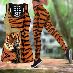 Kort Kraftfull tiger 3D över hela tryckta ihåliga tankens topp leggings set fiess kvinnlig full längd leggings som kör byxor ddk57