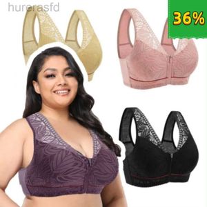 Bras New Sexy Lace Womens Unterwäsche Plus Size Full Cup vordere Reißverschluss Breiter Gurt Nichtstahl Ring Dessous weiche Baumwollkomfort BH 240410