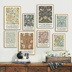 Resumo William Morris Flores Folhas Arte da parede de pássaro Pintura de pôsteres e impressões nórdicas Fictes de parede para decoração da sala de estar C0239W