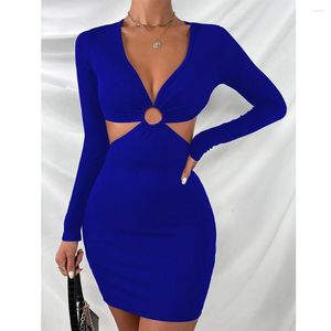 Повседневные платья синее платье с длинным рукавом V-образного выреза