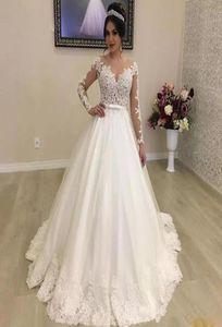 2020 Whiteivory Ball Gown Garden Wedding Dresses Bridal Gowns Juvel Neck Illusion Långärmad Bow Tie Belt Wedding Clows Custom M8503818