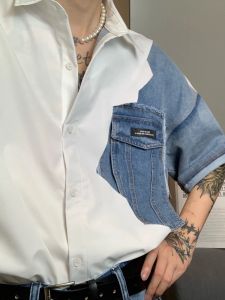 Camisa de costura de jeans mafokuwz verão novo designer sofisticado de verão camisa de manga curta masculina de tamanho coreano de Kpop