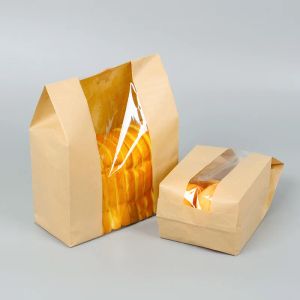 50pcs Kraft Paper Bread Clear Avoid Oil Packing Toast With Window Bag Baking Takeaway Food Package Cake Bag Party