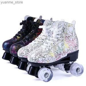 Inline Roller Skates Double Row Roller Skates with Flash PU Wheel Brake for Men and Women Lace-up Shoes Artificial Leather Printed Black and White Y240410