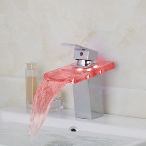 Bathroom Basin Faucet LED Light Waterfall Glass 3 Colors Chrome Deck Mounted Sink Basin Faucet Torneira Faucets Mixers &Taps