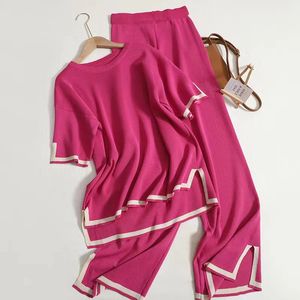 Pantolon takım elbise pijama kadın bahar ofis bayanlar takım örgü iki parçalı set pijama kadın yan bölünmüş kısa kollu yüksek bel 240410