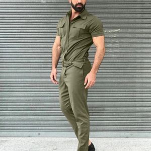 Men's Pants Fashion Handsome Overalls Jumpsuits 2024 Mens Solid Color Belted Cargo Spring Leisure Fitting Clothing