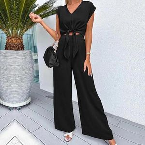 Women's Two Piece Pants Women Top Suit Elegant Lace-up Knot Set With V Neck Wide Leg Design For Office Wear Casual Outfits