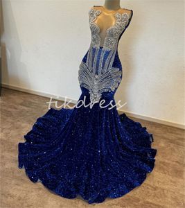 Shinny Blue Evening Dresses Diamond Luxury Sequined Mermaid Prom Dress for Black Girls Open Back Plus Size Formell tillfälle Födelsedagsfestklänningar 2024 Vestidos Fiesta